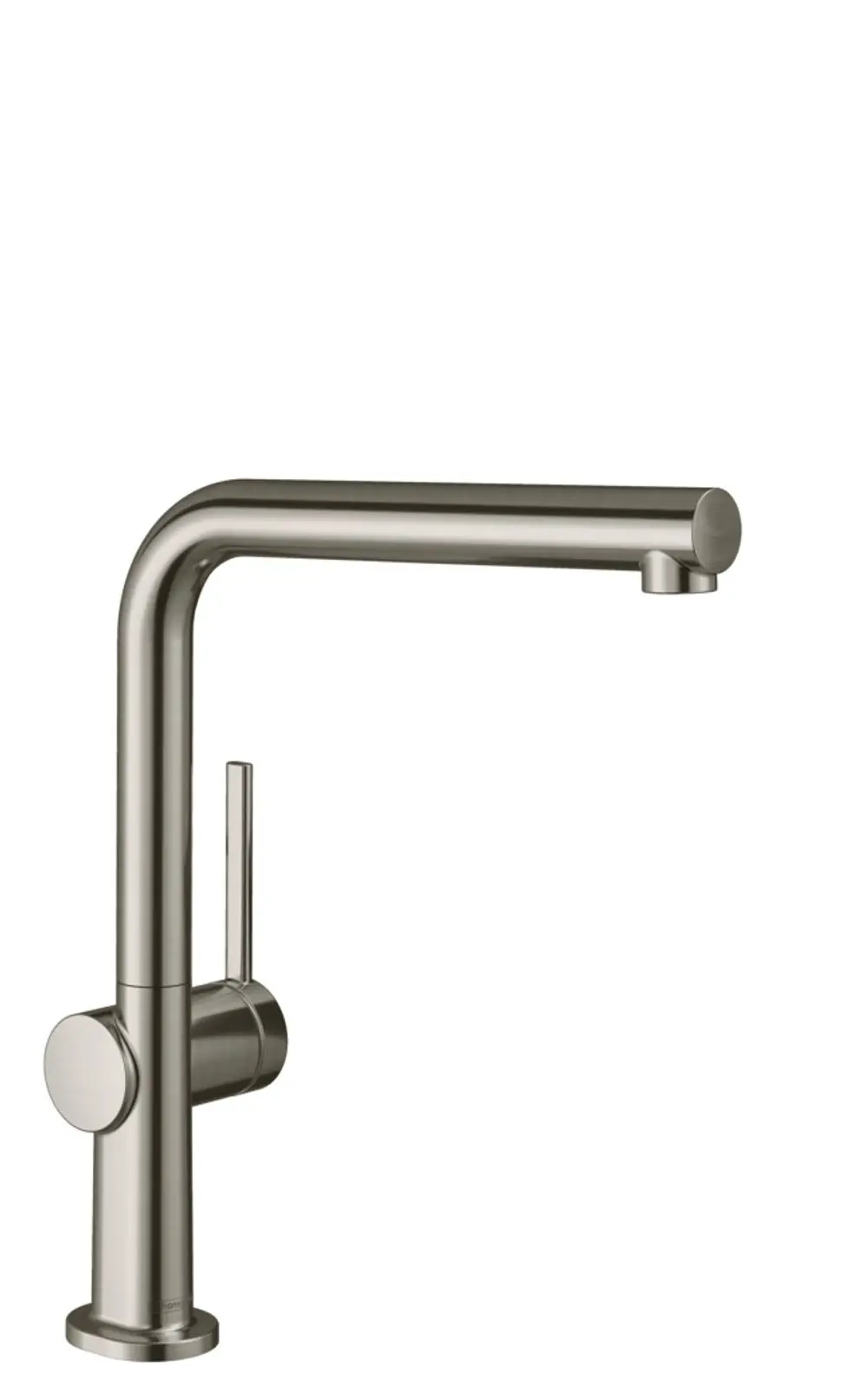 Ein Hansgrohe Einhebel-Küchenmischer aus Edelstahl mit einem langen, gebogenen Auslauf und einem seitlichen Hebel zur Temperatur- und Mengeneinstellung.